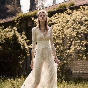 christos costarellos spring 2018 bridal three quarter sleeves v neck full embellishment romantic bohemian soft a  line wedding dress medium train (33) mv