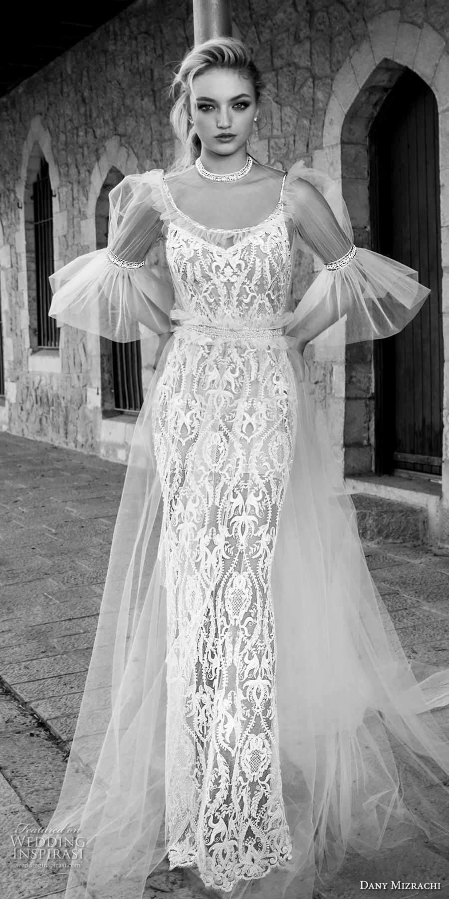 dany mizrachi spring 2018 bridal half lantern sleeves illusion jewel scoop neckline full embellishment elegant vintage sheath wedding dress chapel train (16) mv