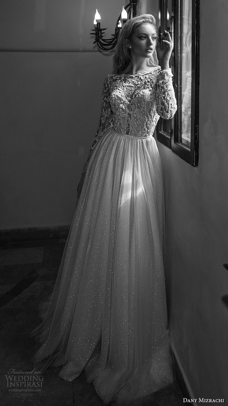 dany mizrachi spring 2018 bridal long sleeves bateau neck heavily embellished bodice glamorous a  line wedding dress open v back sweep train (4) mv