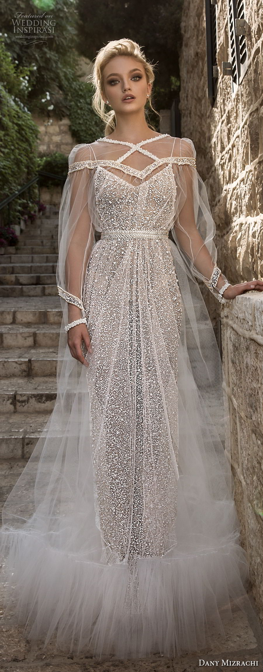 dany mizrachi spring 2018 bridal long sleeves illusion bateau sweetheart neckline full embellishment elegant glamorous sheath wedding dress a line overskirt sweep train (14) lv dany mizrachi spring 2018 bridal long sleeves illusion bateau sweetheart neckline full embellishment elegant glamorous sheath wedding dress a line overskirt sweep train (14) lv