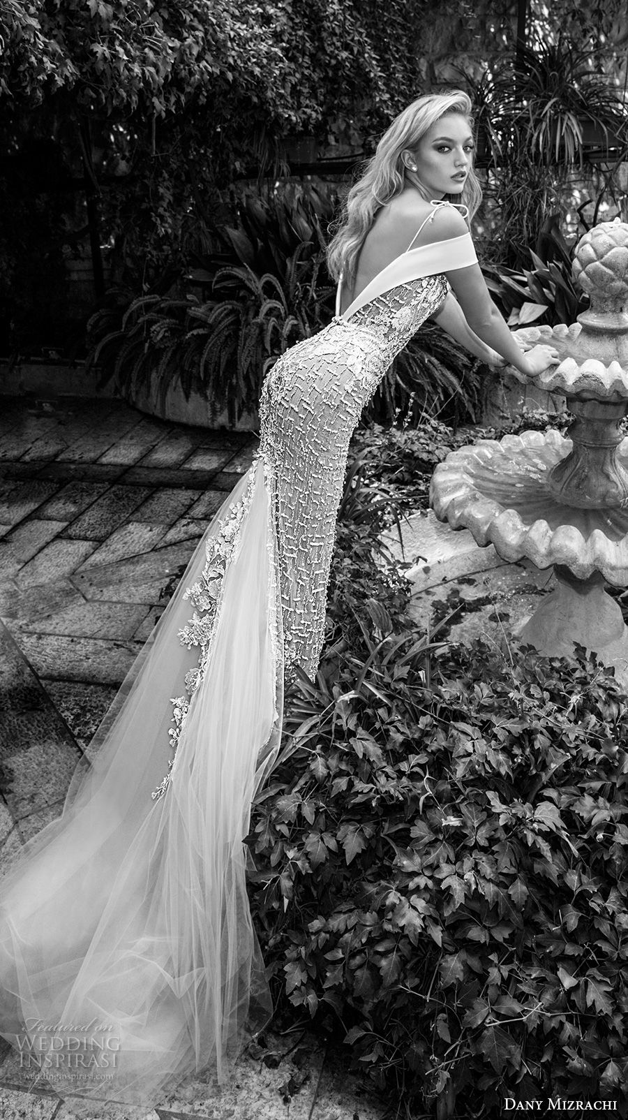 dany mizrachi spring 2018 bridal off the shoulder deep plunging v neck full embellishment elegant sheath wedding dress open v back chapel train (21) bv