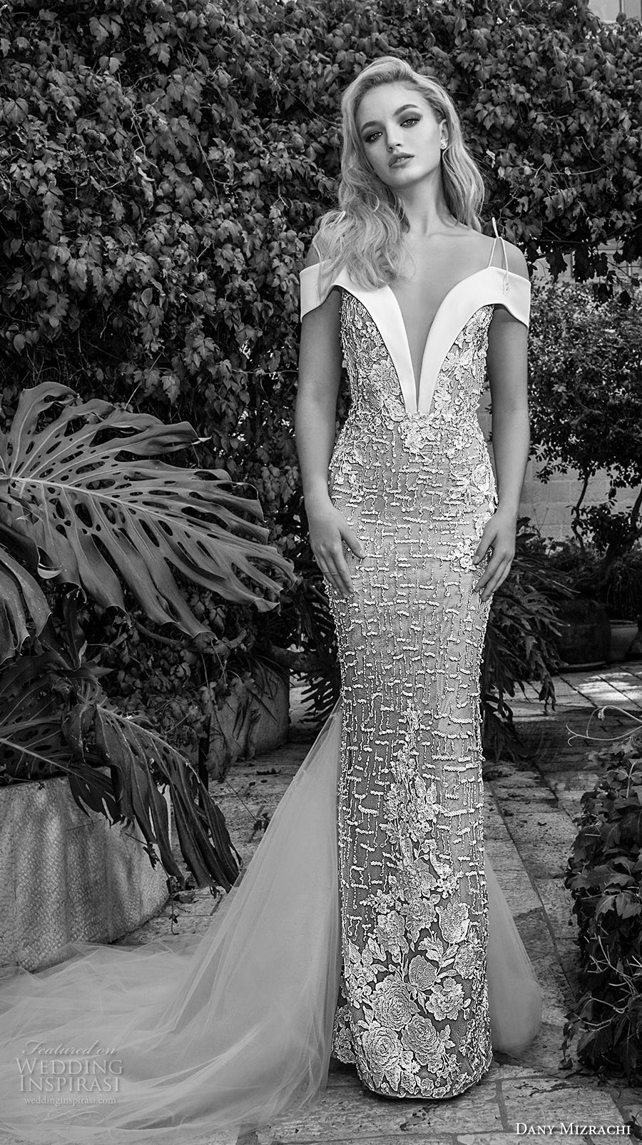 dany mizrachi spring 2018 bridal off the shoulder deep plunging v neck full embellishment elegant sheath wedding dress open v back chapel train (21) mv