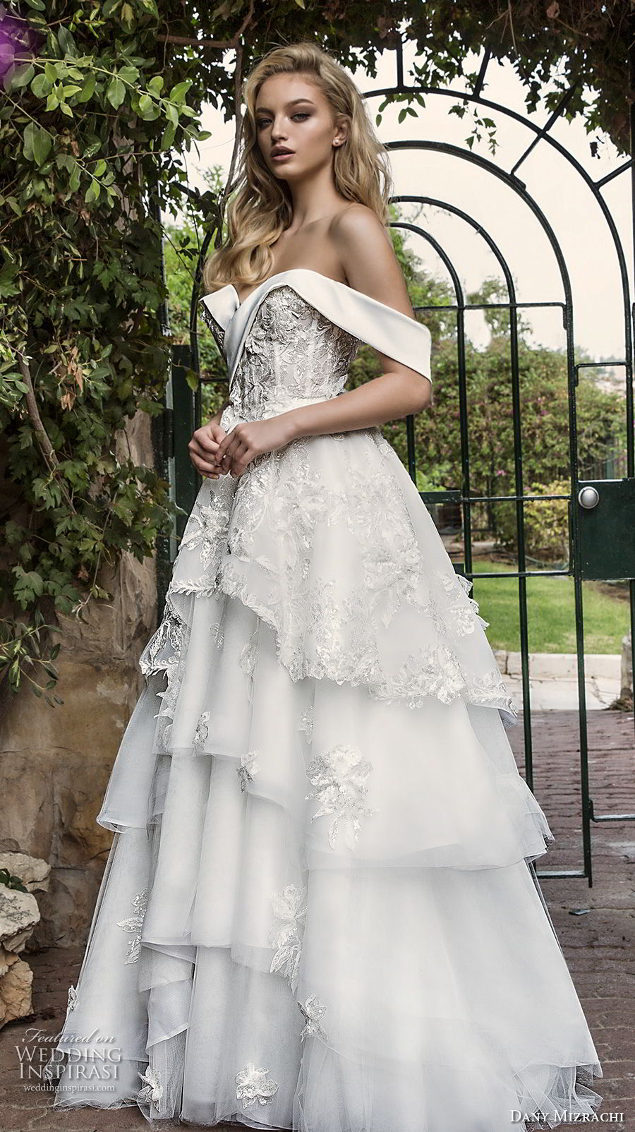 dany mizrachi spring 2018 bridal off the shoulder heavily embellished bodice layered skirt princess ball gown a line wedding dress chapel train (25) mv dany mizrachi spring 2018 bridal off the shoulder heavily embellished bodice layered skirt princess ball gown a line wedding dress chapel train (25) mv