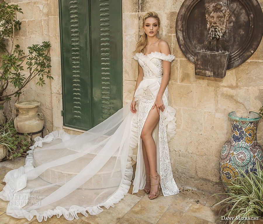 dany mizrachi spring 2018 bridal off the shoulder sweetheart neckline full embellishment high slit sheath wedding dress chapel train (11) mv dany mizrachi spring 2018 bridal off the shoulder sweetheart neckline full embellishment high slit sheath wedding dress chapel train (11) mv