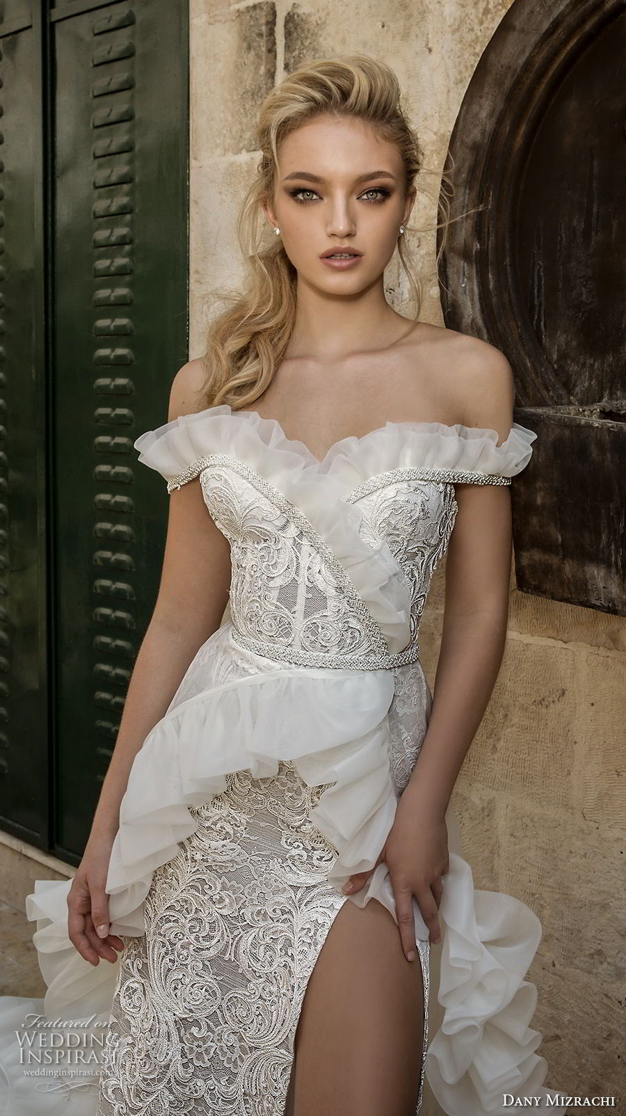 dany mizrachi spring 2018 bridal off the shoulder sweetheart neckline full embellishment high slit sheath wedding dress chapel train (11) zv dany mizrachi spring 2018 bridal off the shoulder sweetheart neckline full embellishment high slit sheath wedding dress chapel train (11) zv