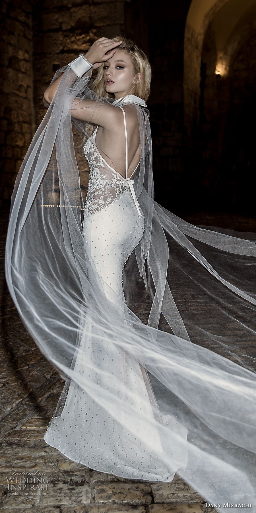 dany mizrachi spring 2018 bridal sleeveless collar neck heavily embellished bodice elegant sophiscated mermaid wedding dress open v back sweep train (34) bv