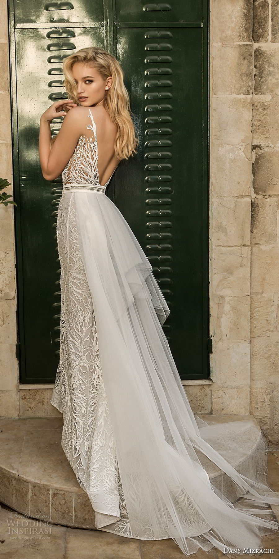 dany mizrachi spring 2018 bridal sleeveless deep plunging v neck full embellishment elegant glamorous fit and flare wedding dress open v back sweep train (23) bv