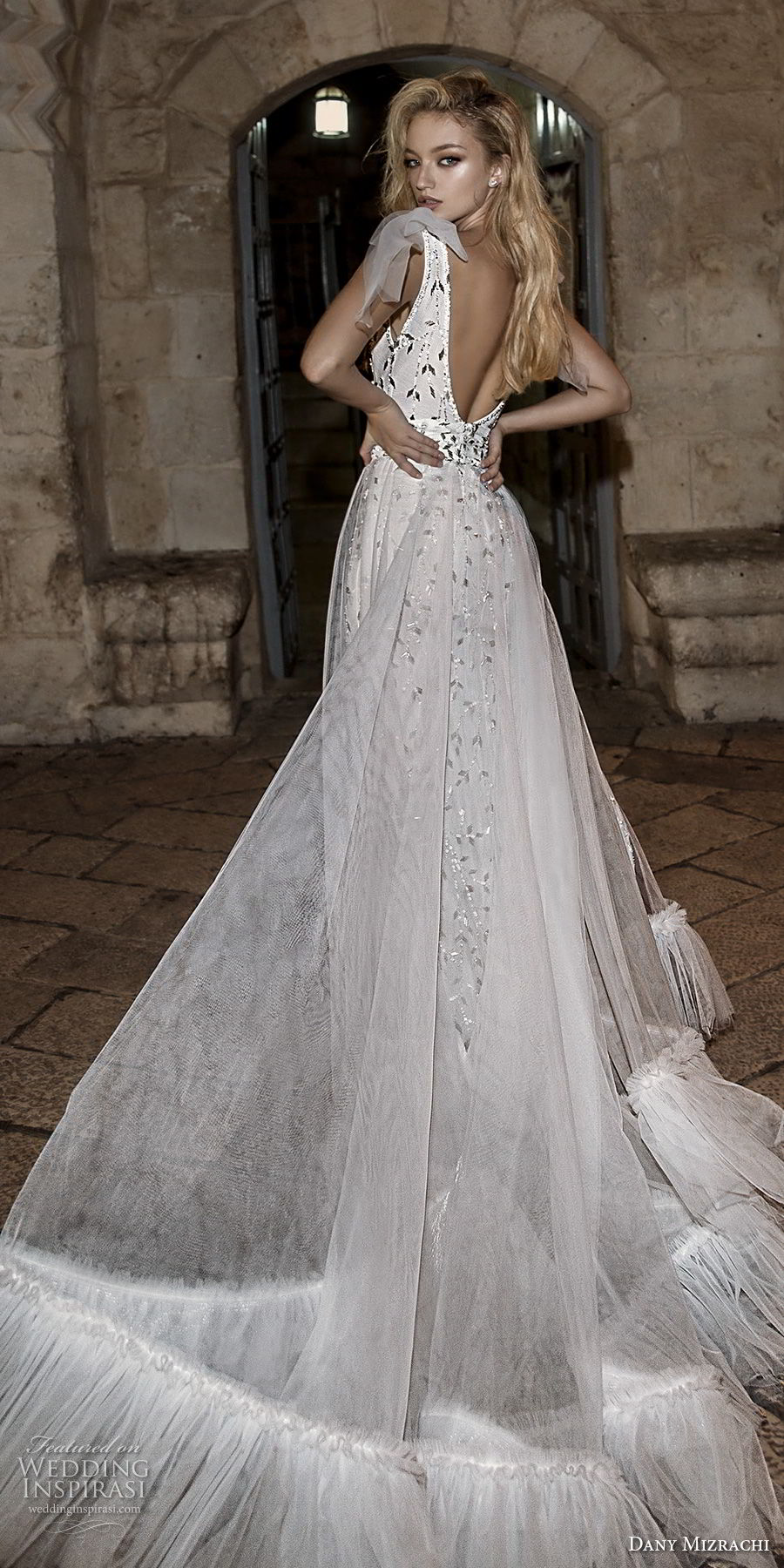 dany mizrachi spring 2018 bridal sleeveless deep v neck heavily embellished bodice high slit skirt a line wedding dress open v back chapel train (35) bv dany mizrachi spring 2018 bridal sleeveless deep v neck heavily embellished bodice high slit skirt a line wedding dress open v back chapel train (35) bv