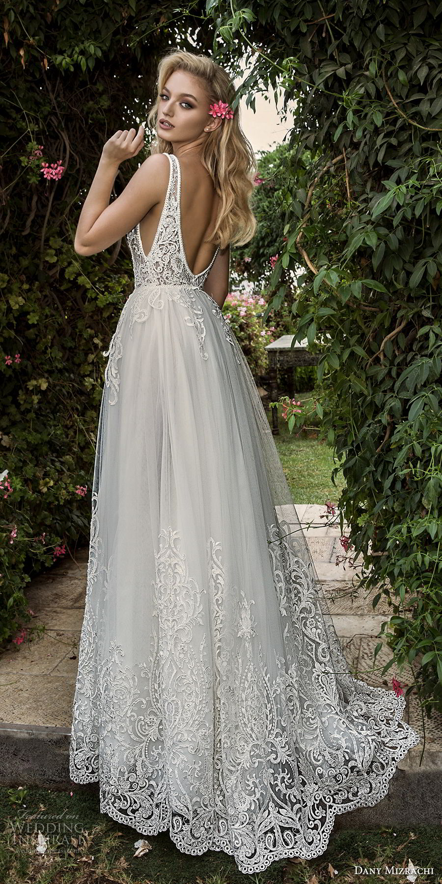 dany mizrachi spring 2018 bridal sleeveless with strap deep plunging v neck heavily embellished bodice romantic a line wedding dress open scoop back sweep train (6) bv dany mizrachi spring 2018 bridal sleeveless with strap deep plunging v neck heavily embellished bodice romantic a line wedding dress open scoop back sweep train (6) bv