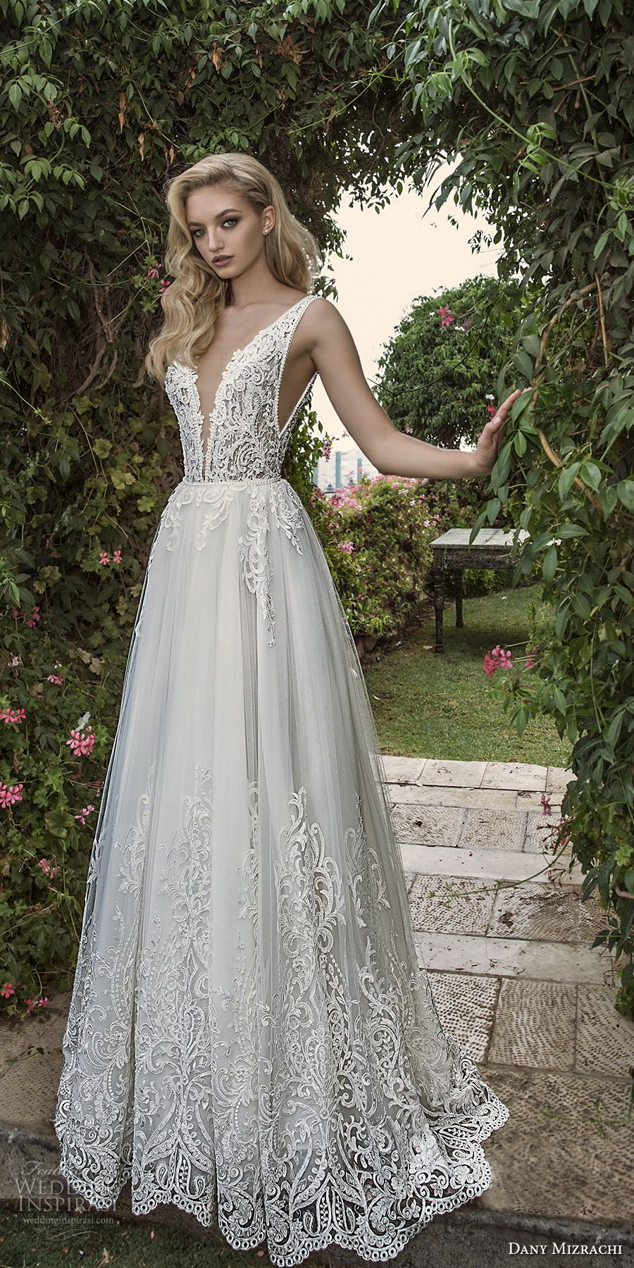 dany mizrachi spring 2018 bridal sleeveless with strap deep plunging v neck heavily embellished bodice romantic a line wedding dress open scoop back sweep train (6) mv dany mizrachi spring 2018 bridal sleeveless with strap deep plunging v neck heavily embellished bodice romantic a line wedding dress open scoop back sweep train (6) mv