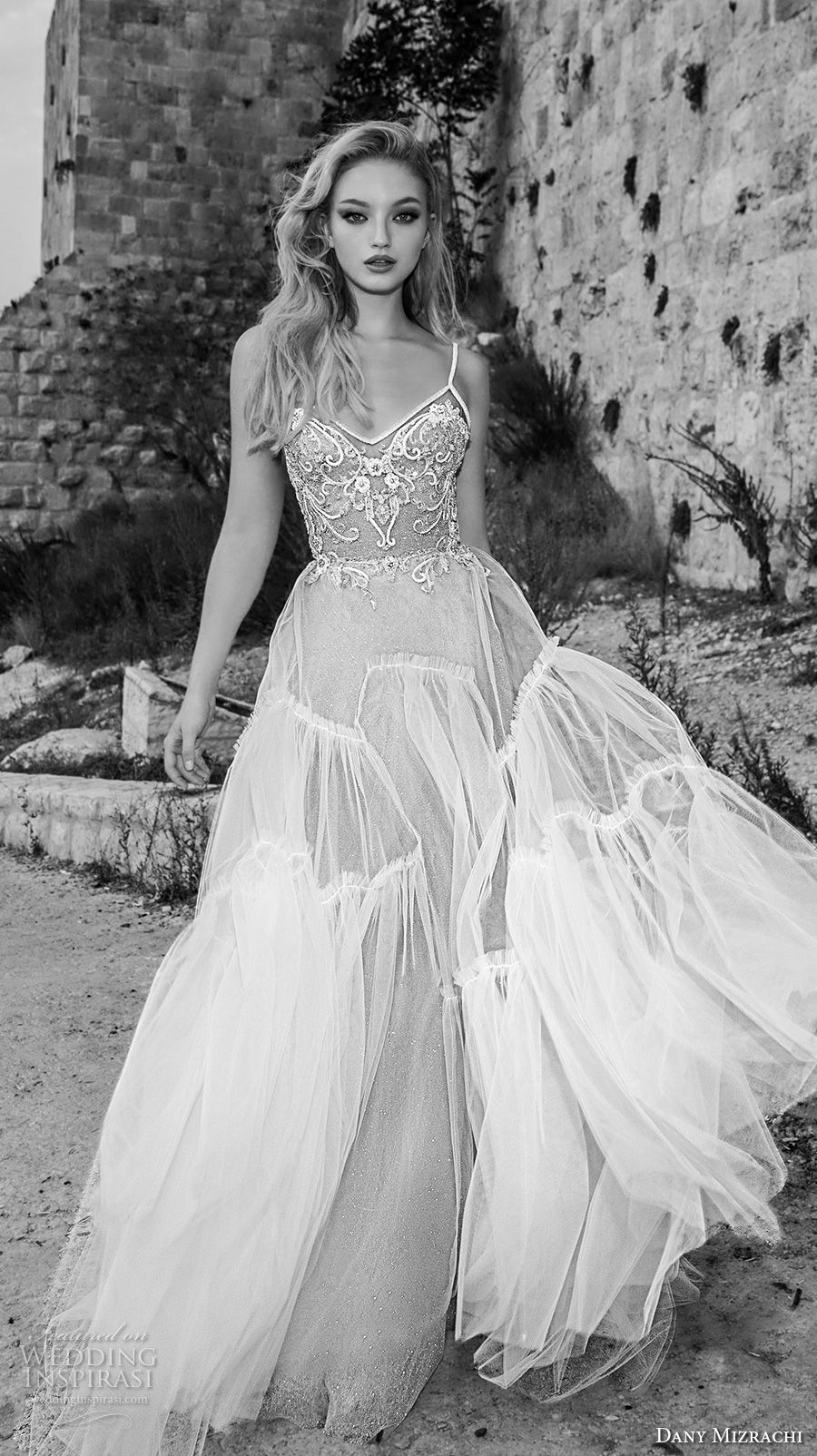 dany mizrachi spring 2018 bridal spaghetti strap sweetheart neckline heavily embellished romantic bohemian a  line wedding dress open strap back chapel train (31) mv