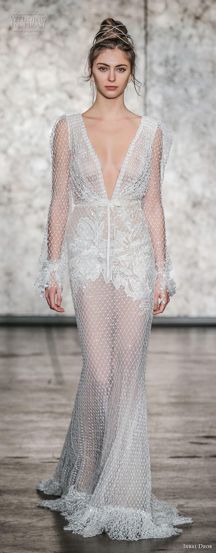 inbal dror fall 2018 bridal long sleeves deep v neck full embellishment elegant sexy sheath wedding dress open v back sweep train (06) mv