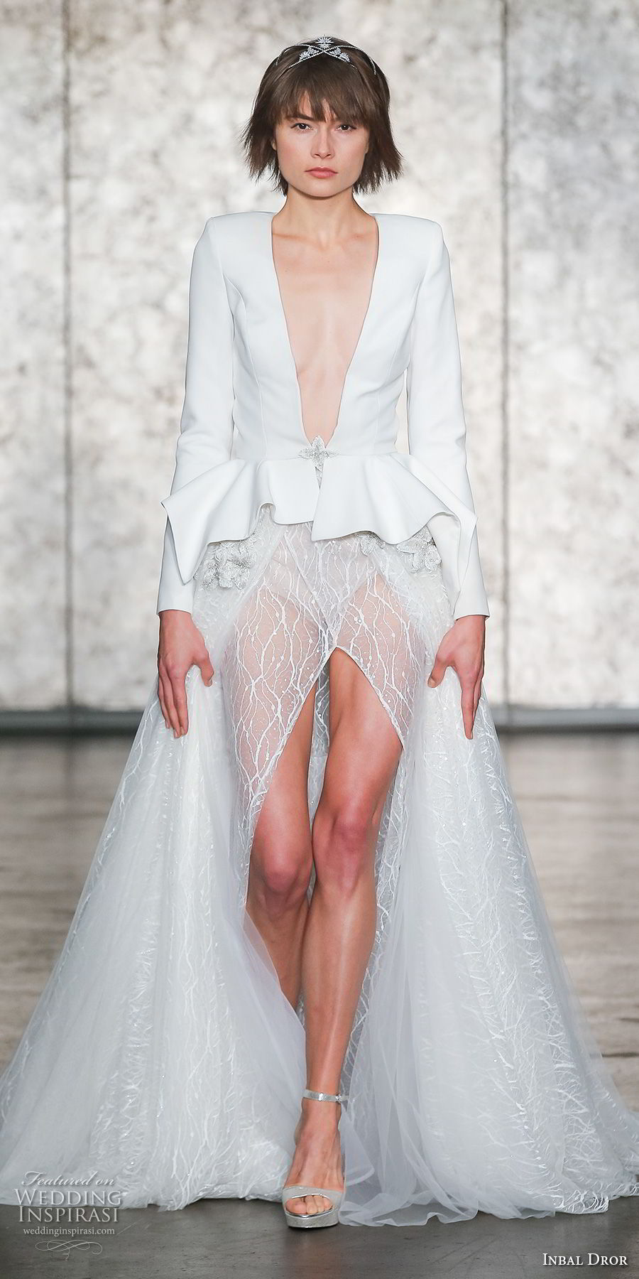 inbal dror fall 2018 bridal long sleeves deep v neck jacket high slit skirt sophiscated sexy a  line wedding dress chapel train (01) mv