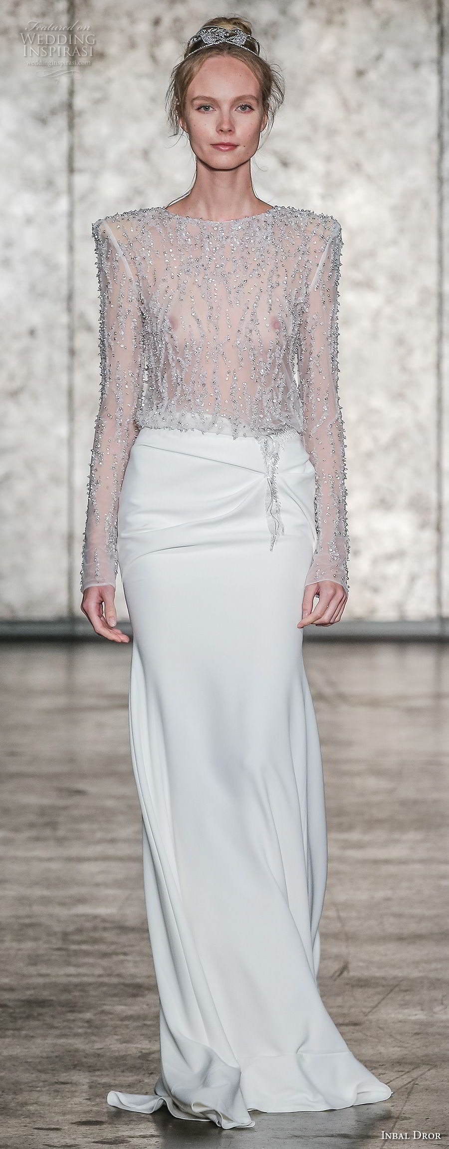 inbal dror fall 2018 bridal long sleeves jewel neck heavily embellished bodice elegant sophiscated sheath wedding dress sheer back sweep train (02) mv