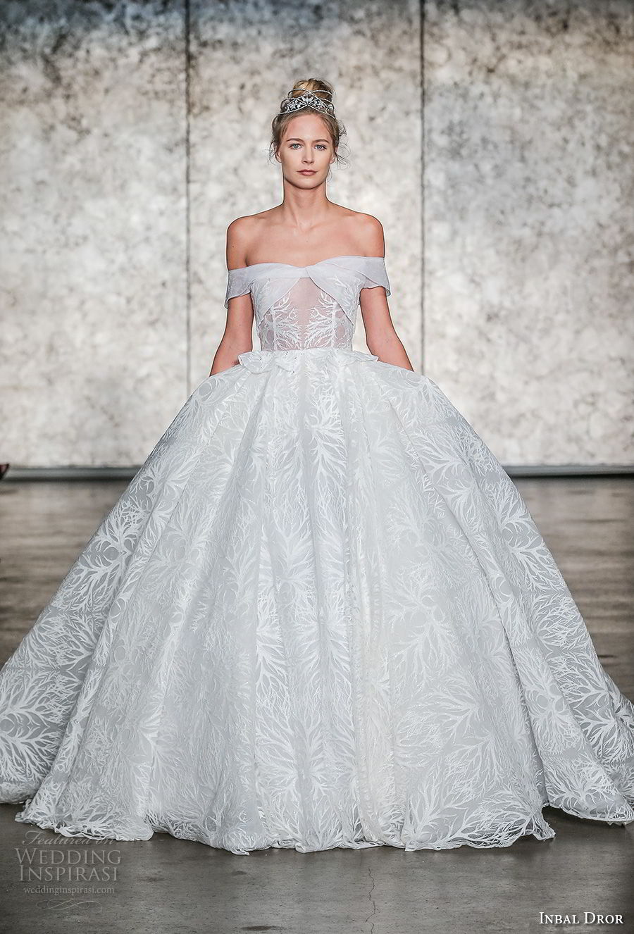 inbal dror fall 2018 bridal off the shoulder straight across neckline full embellishment princess ball gown wedding dress royal train (27) mv