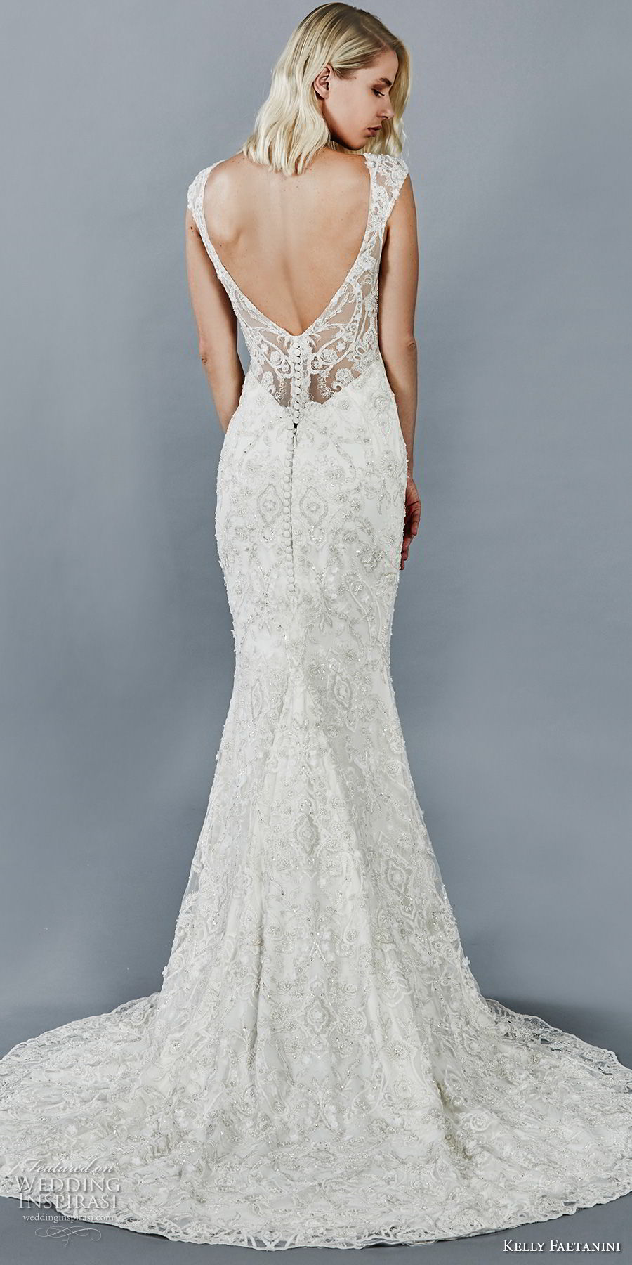 kelly faetanini fall 2018 bridal cap sleeves sweetheart neckline full beaded embellishment elegant fit and flare sheath wedding dress open v back sweep train (10) bv