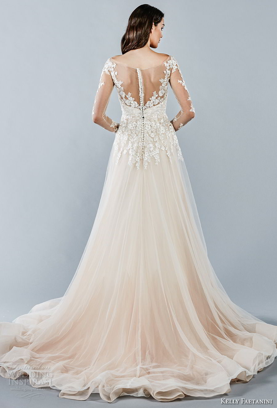 kelly faetanini fall 2018 bridal long sleeves illusion bateau sweetheart neckline heavily embellished bodice romantic blush color a  line wedding dress sheer button back chapel train (14) bv