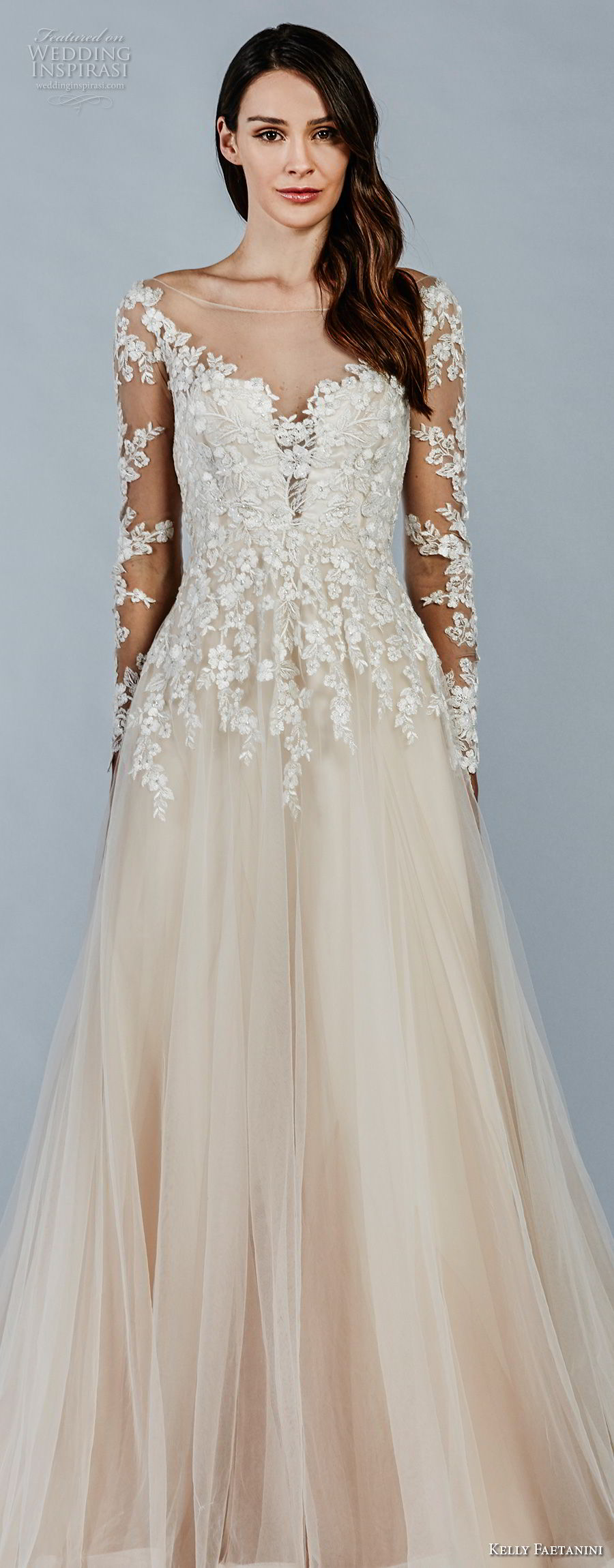 kelly faetanini fall 2018 bridal long sleeves illusion bateau sweetheart neckline heavily embellished bodice romantic blush color a  line wedding dress sheer button back chapel train (14) lv