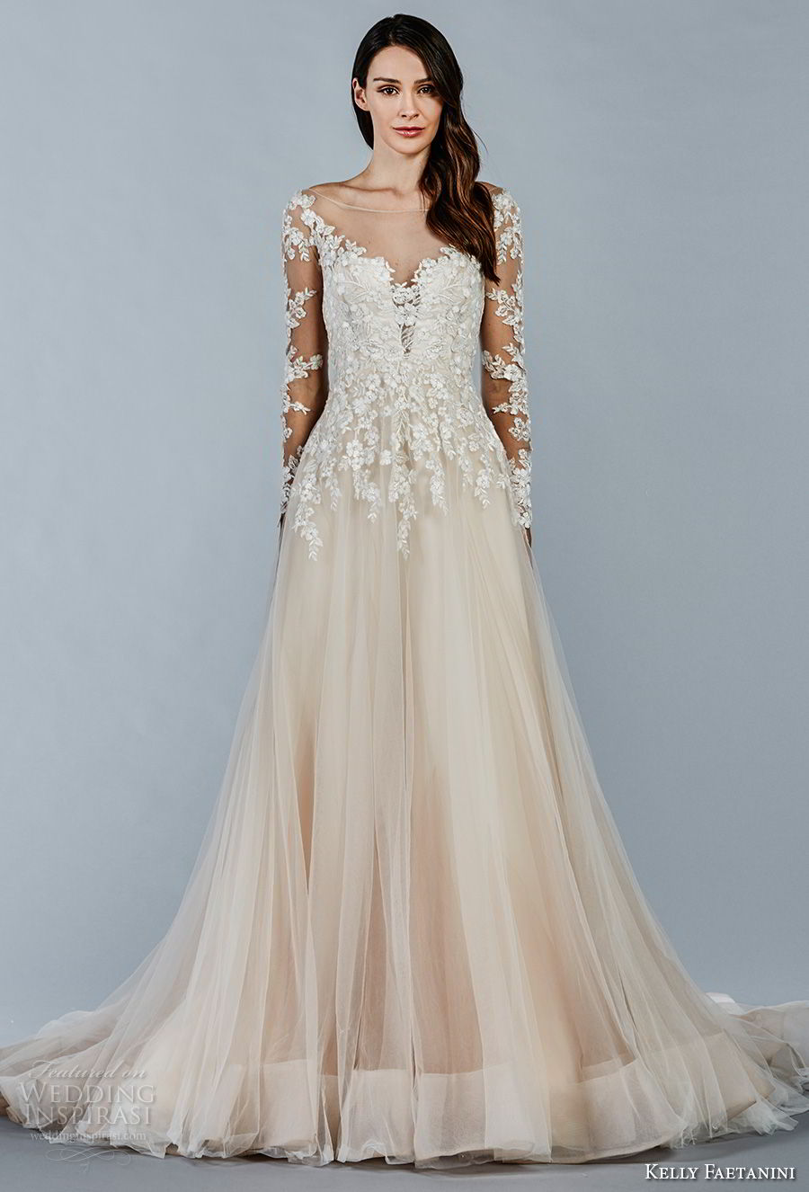 kelly faetanini fall 2018 bridal long sleeves illusion bateau sweetheart neckline heavily embellished bodice romantic blush color a  line wedding dress sheer button back chapel train (14) mv