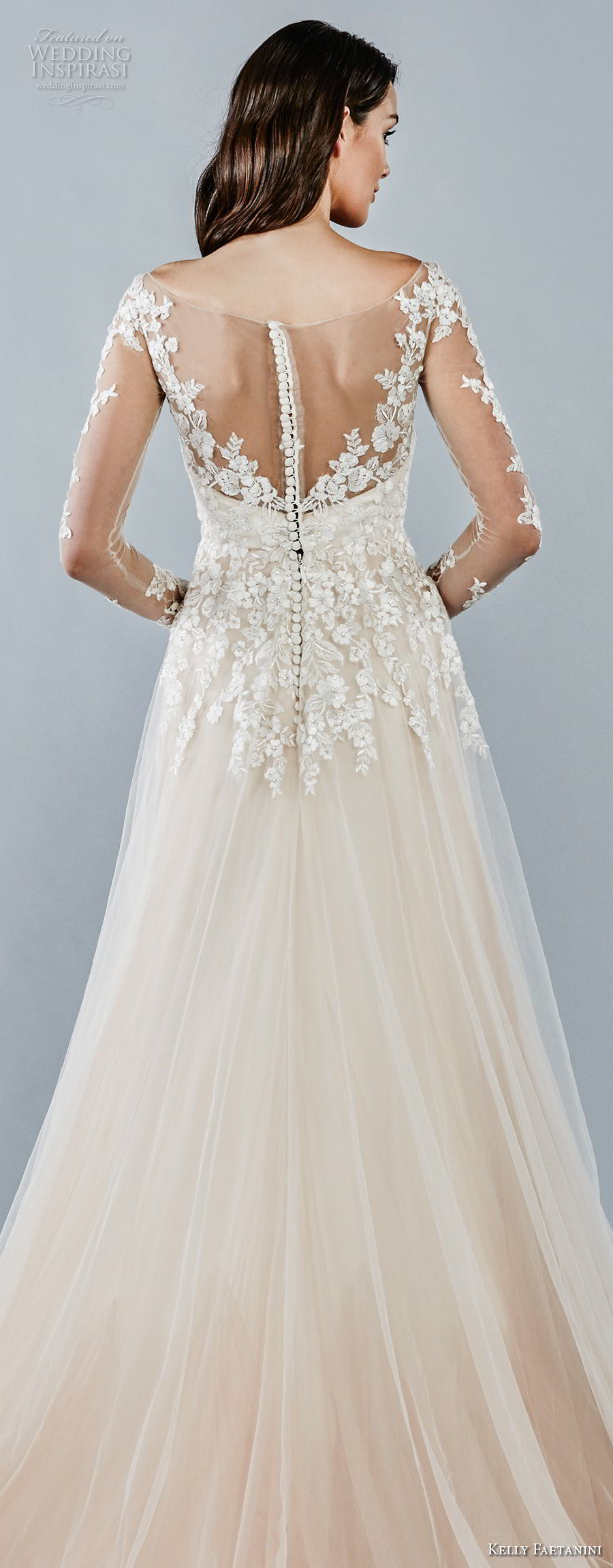 kelly faetanini fall 2018 bridal long sleeves illusion bateau sweetheart neckline heavily embellished bodice romantic blush color a  line wedding dress sheer button back chapel train (14) zbv