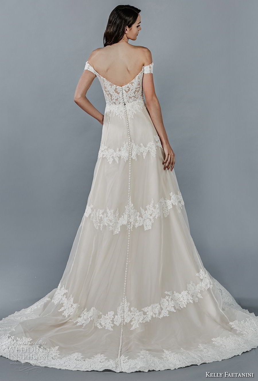 kelly faetanini fall 2018 bridal off the shoulder v neck full embellishment elegant romantic a  line wedding dress chapel train (2) bv