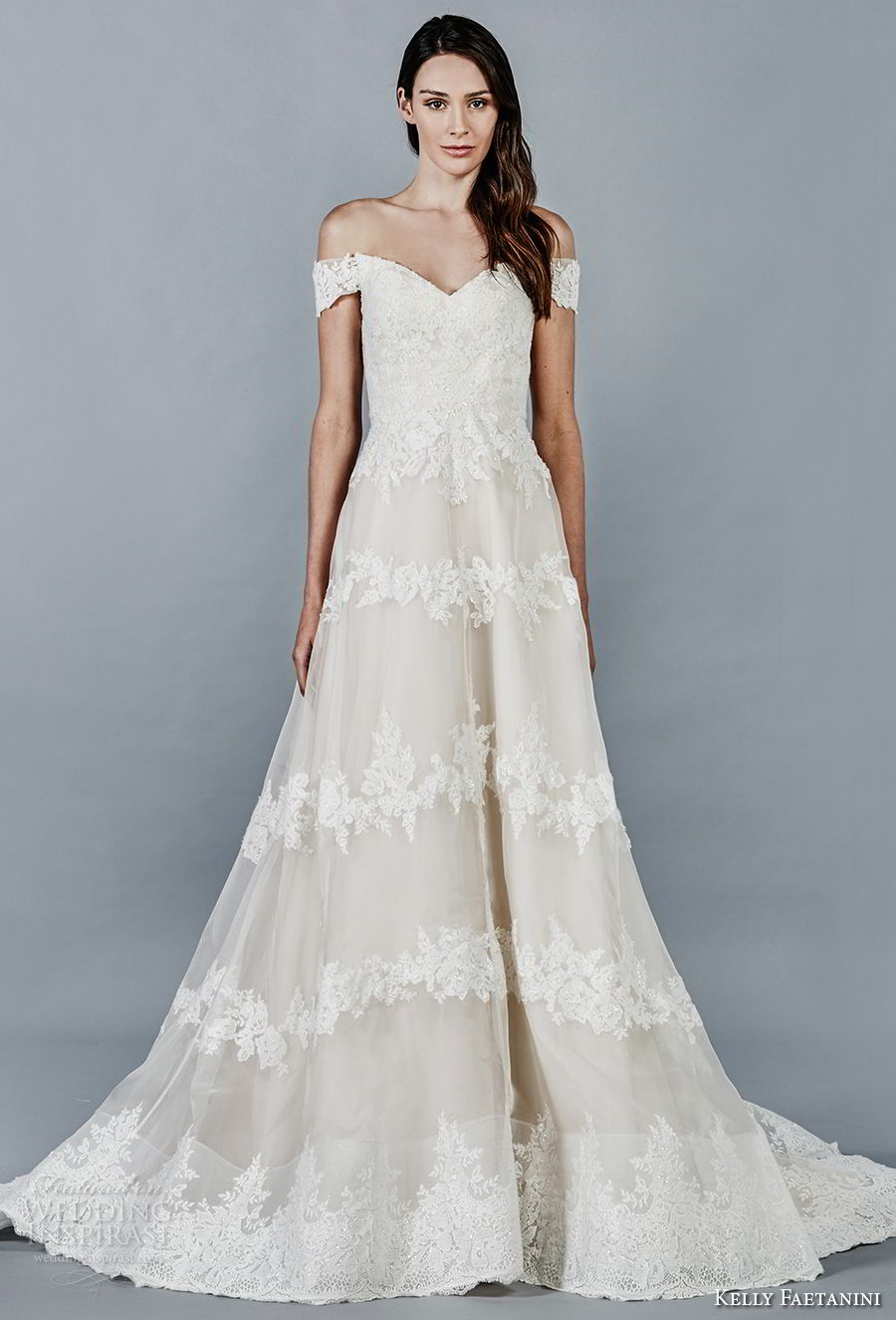 kelly faetanini fall 2018 bridal off the shoulder v neck full embellishment elegant romantic a  line wedding dress chapel train (2) mv