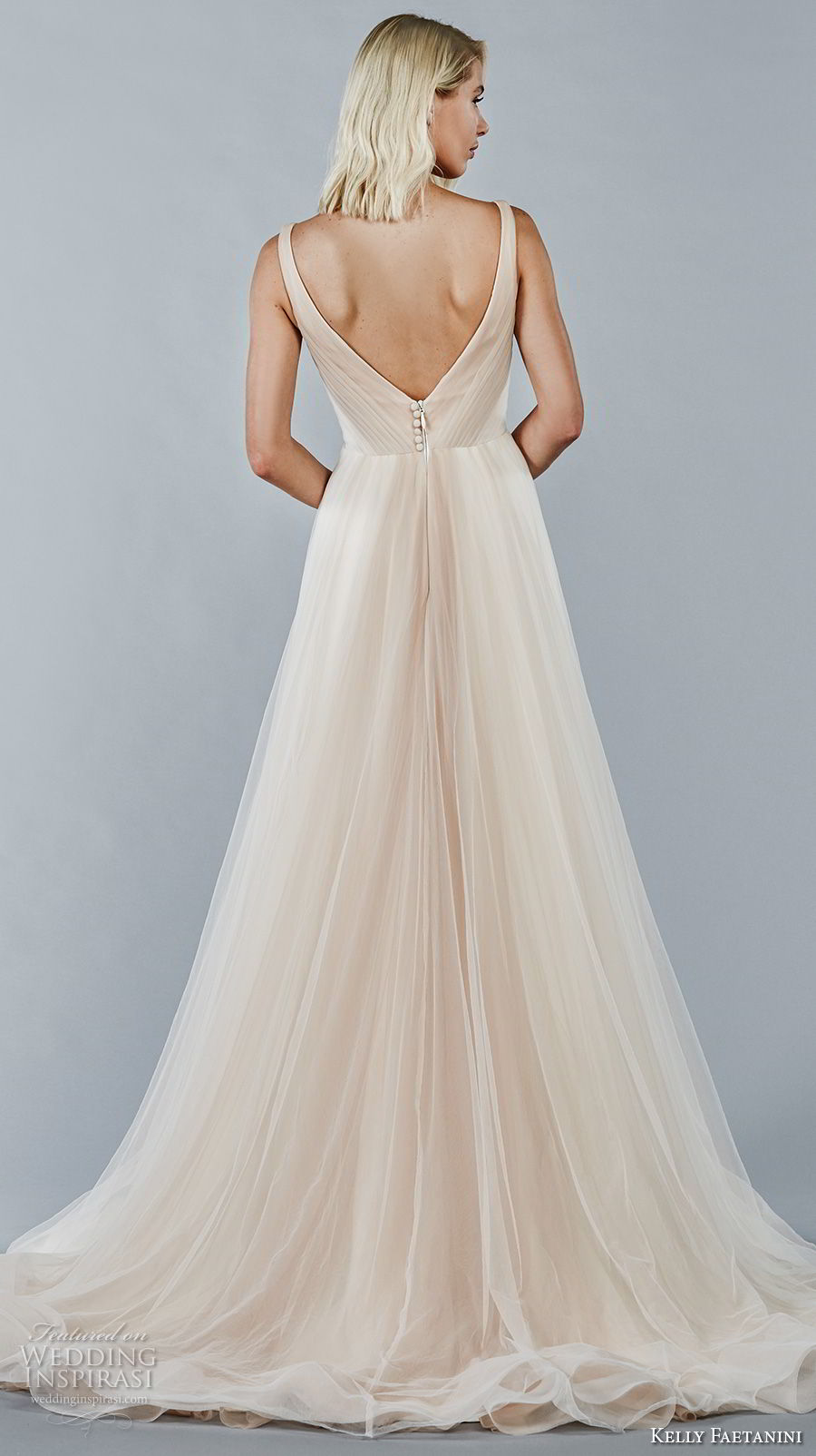 kelly faetanini fall 2018 bridal sleeveless v neck pleated bodice romantic blush color a  line wedding dress open v back chapel train (11) bv