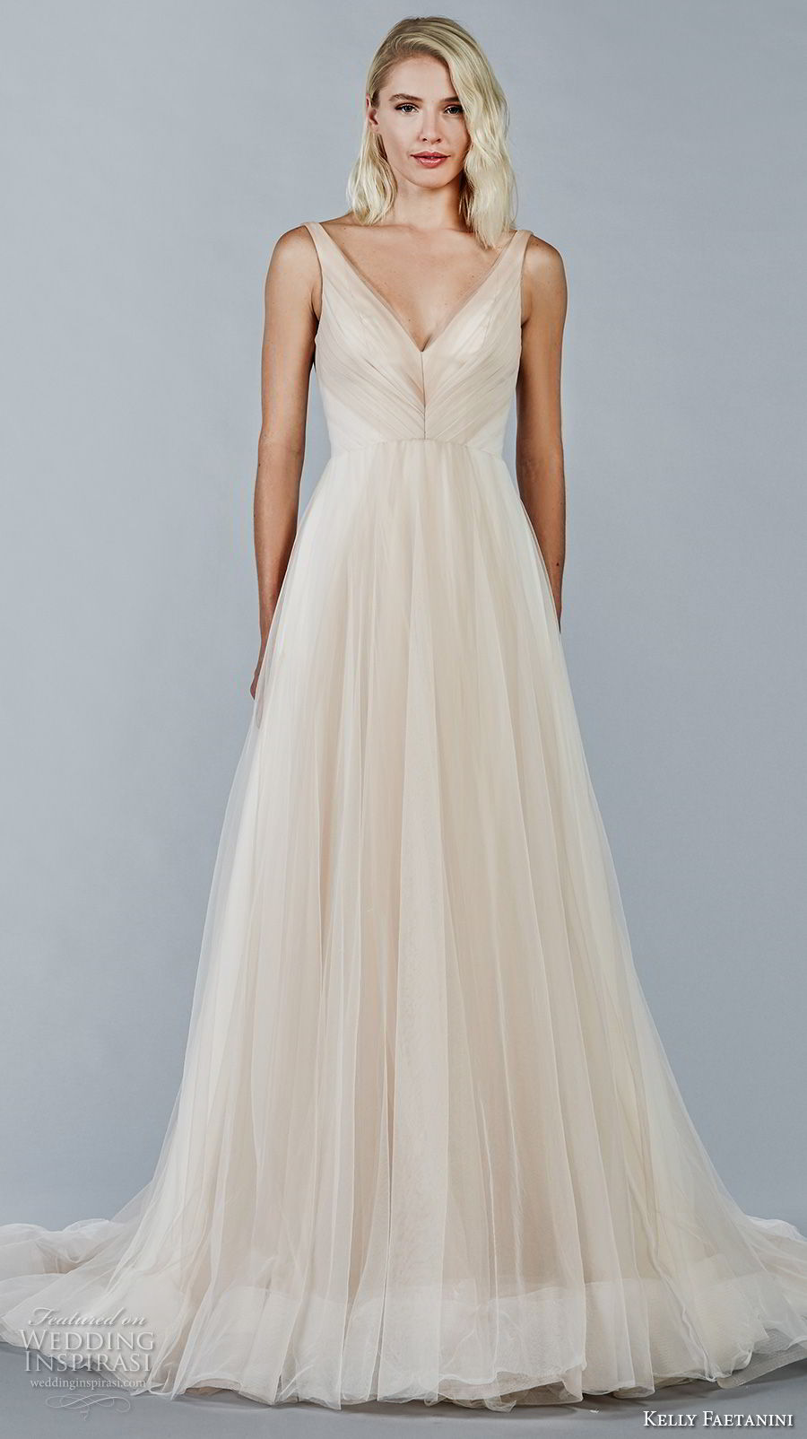 kelly faetanini fall 2018 bridal sleeveless v neck pleated bodice romantic blush color a  line wedding dress open v back chapel train (11) mv