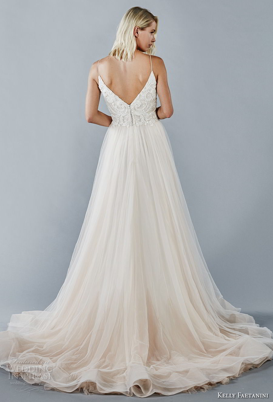 kelly faetanini fall 2018 bridal spaghetti strap v neck heavily embellished bodice tulle skirt romantic a  line wedding dress open v back chapel train (3) bv