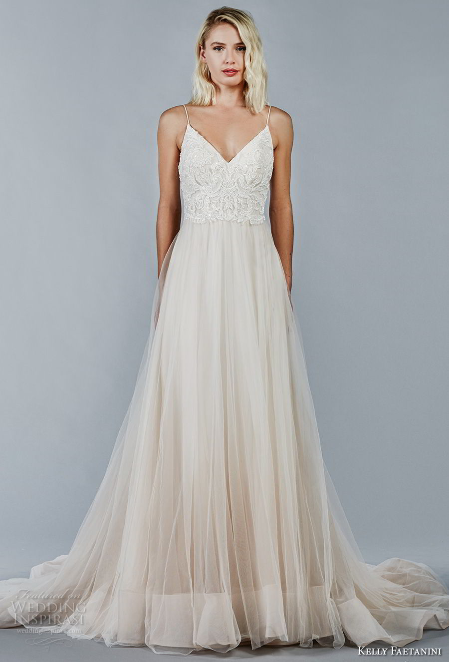 kelly faetanini fall 2018 bridal spaghetti strap v neck heavily embellished bodice tulle skirt romantic a  line wedding dress open v back chapel train (3) mv