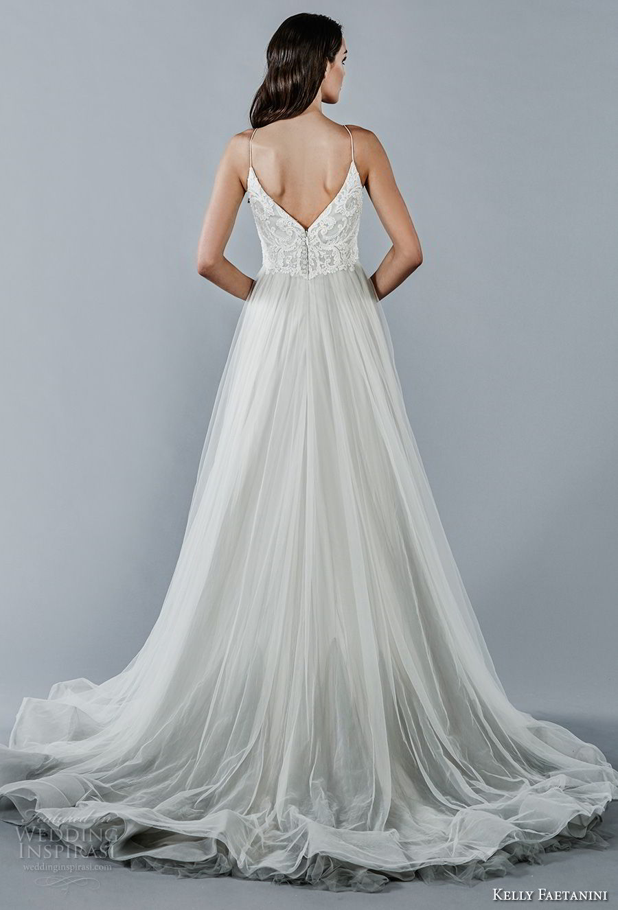 kelly faetanini fall 2018 bridal spaghetti strap v neck heavily embellished bodice tulle skirt romantic pastel blue color a  line wedding dress open v back chapel train (4) bv