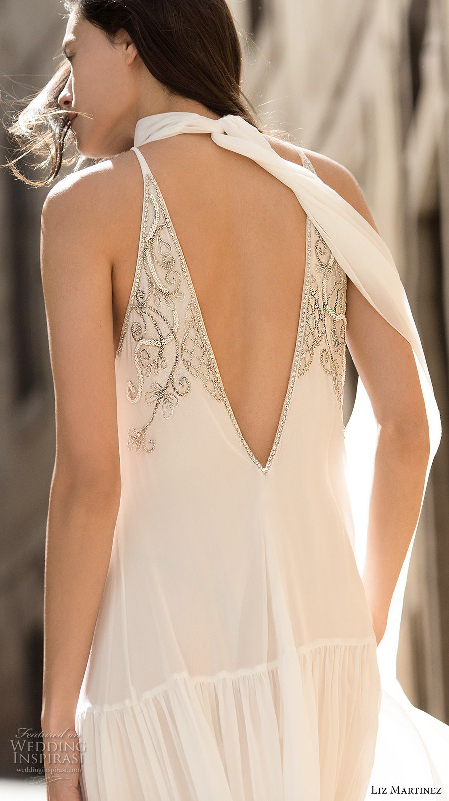 liz martinez 2018 lisbon sleeveless halter high neck heavily embellished bodice romantic elegant column a  line wedding dress v back sweep train (3) bv