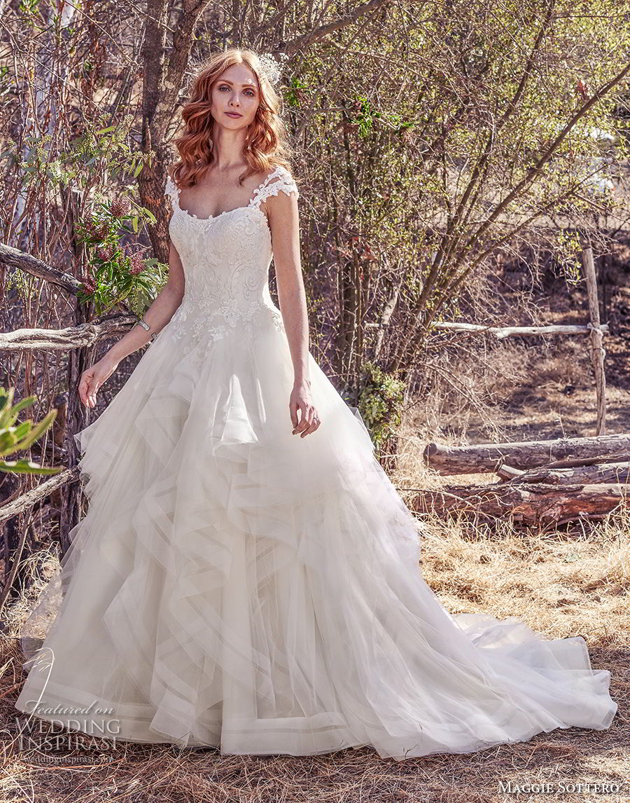 maggie sottero fall 2017 bridal cap sleeves semi sweetheart neckline heavily embellished bodice layered skirt romantic princess ball gown a  line wedding dress old back chapel train (943) mv