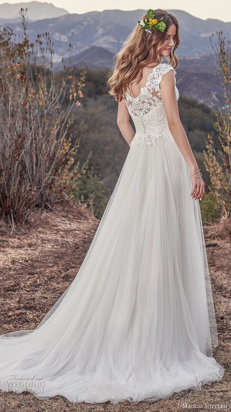 maggie sottero fall 2017 bridal cap sleeves v neck heavily embellished bodice romantic soft a  line wedding dress v back medium train (932) bv