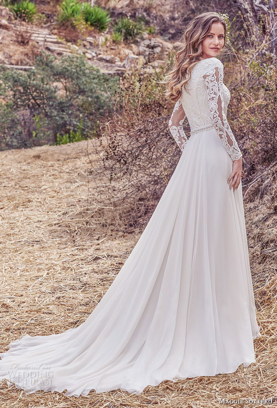 maggie sottero fall 2017 bridal long sleeves bateau neckline heavily embellished bodice elegant modest a  line wedding dress covered lace back chapel train (983) bv