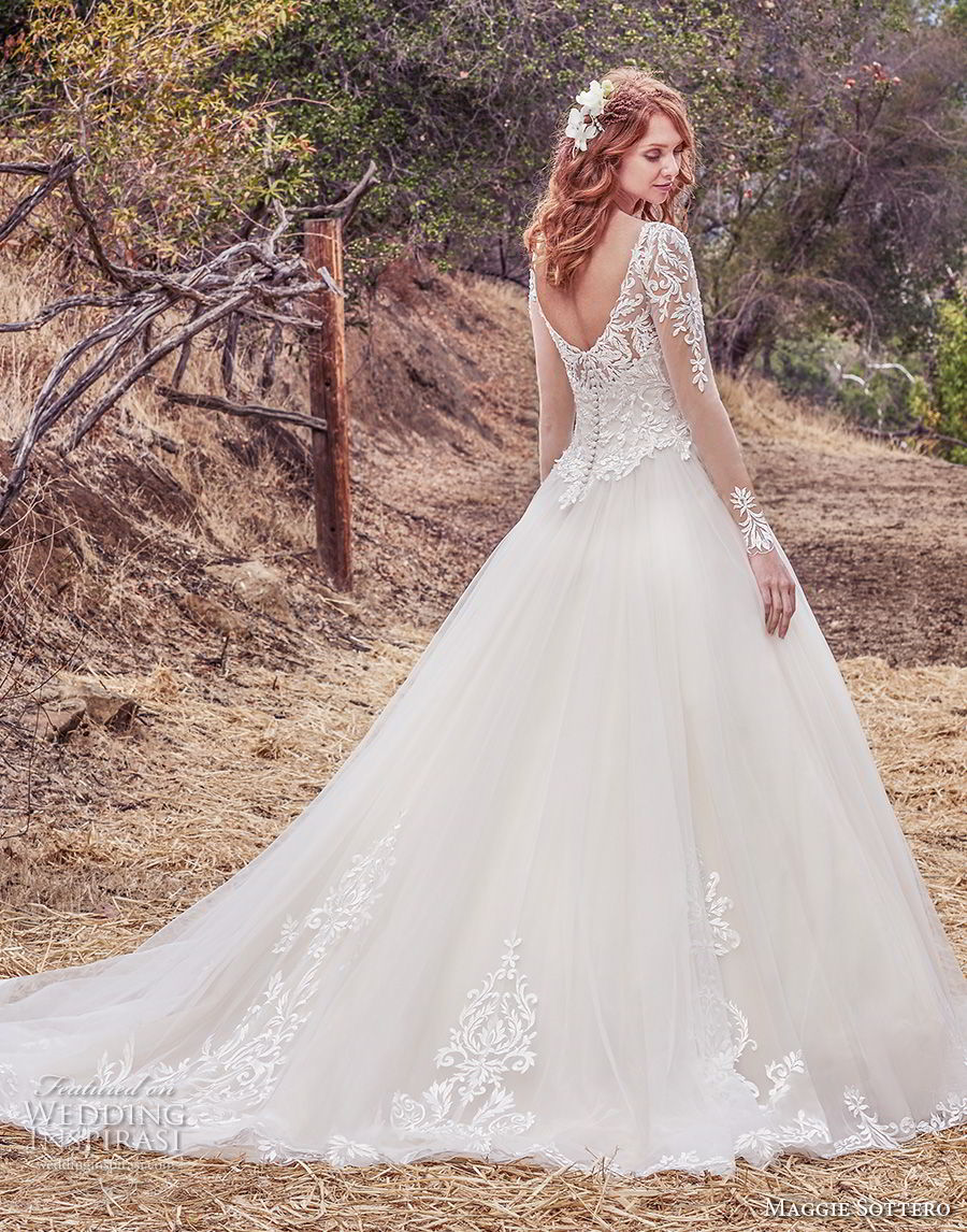 maggie sottero fall 2017 bridal long sleeves v neck heavily embellished bodice romantic a  line wedding dress mid scoop back chapel train (612) bv