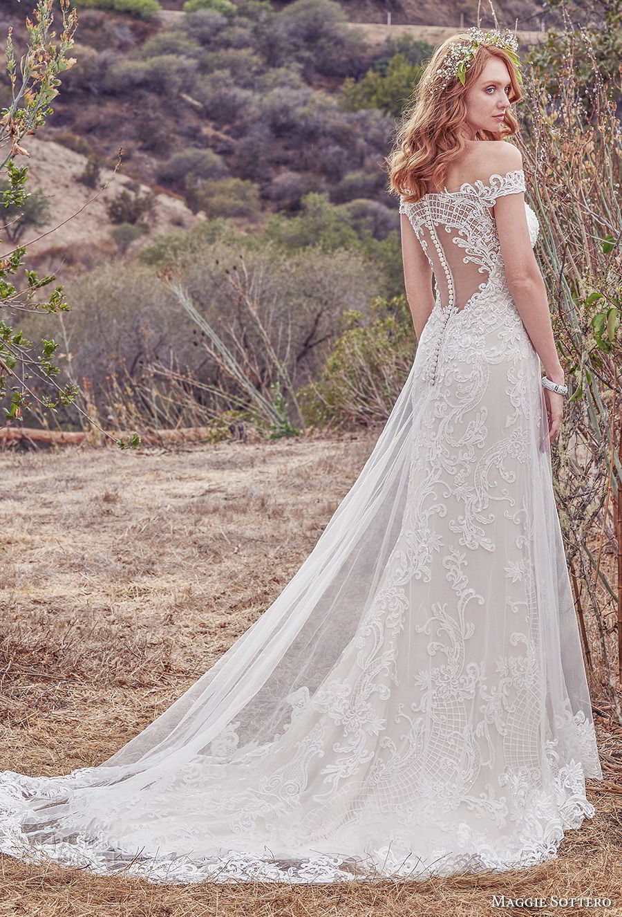 maggie sottero fall 2017 bridal off the shoulder deep plunging sweetheart neckline full embellishment elegant a  line wedding dress sheer lace back chapel train (904) bv