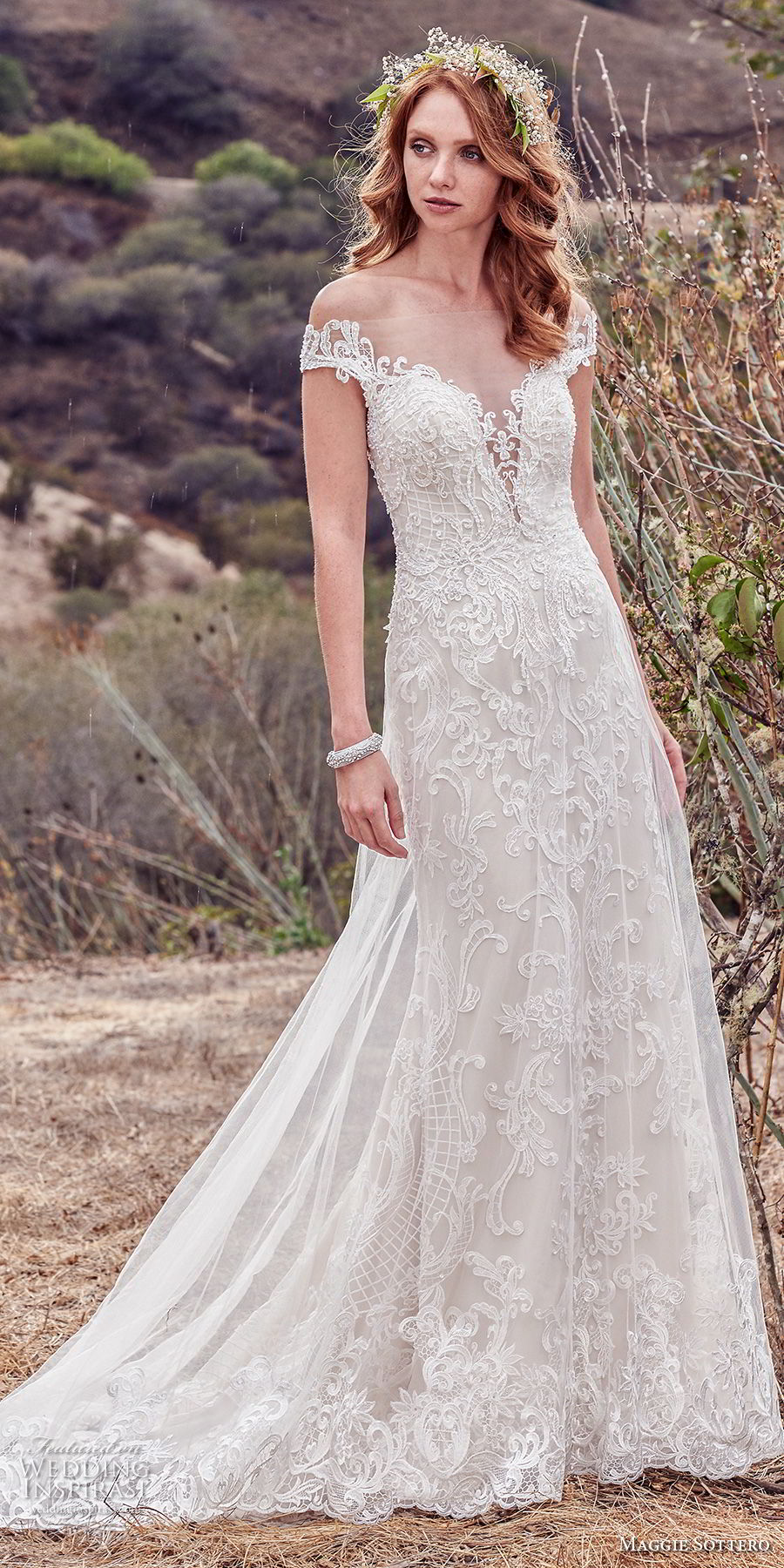 maggie sottero fall 2017 bridal off the shoulder deep plunging sweetheart neckline full embellishment elegant a  line wedding dress sheer lace back chapel train (904) mv