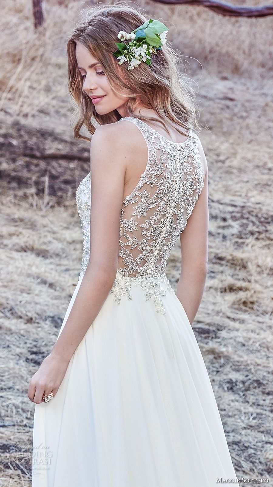 maggie sottero fall 2017 bridal sleeveless illusion jewel deep v neck heavily embellished bodice elegant soft a  line wedding dress sheer embellished back sweep train (940) zbv