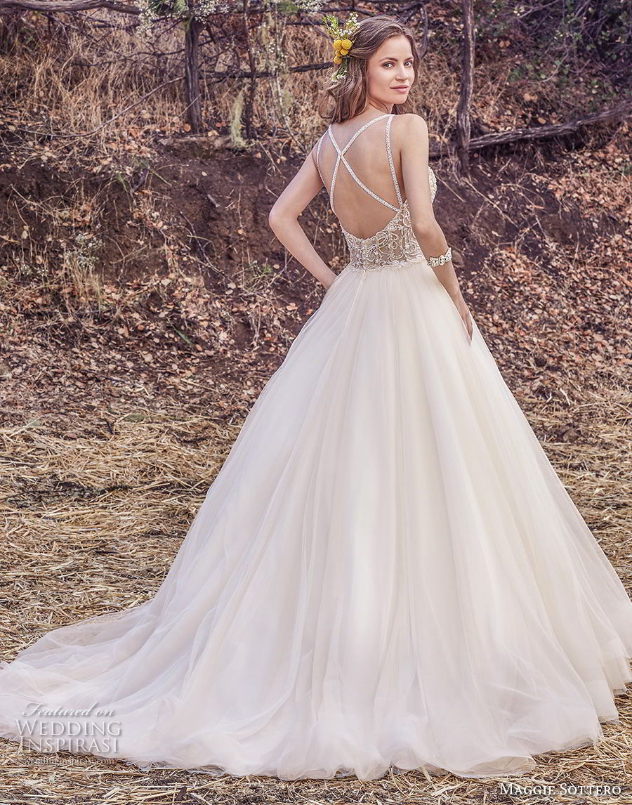 maggie sottero fall 2017 bridal sleeveless spaghetti strap sweetheart neckline heavily embellished bodice tulle skirt romantic a  line wedding dress cross trap back chapel train (936) bv