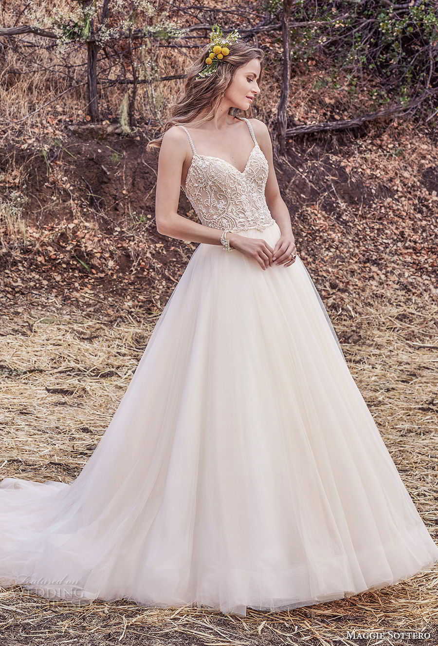 maggie sottero fall 2017 bridal sleeveless spaghetti strap sweetheart neckline heavily embellished bodice tulle skirt romantic a  line wedding dress cross trap back chapel train (936) mv