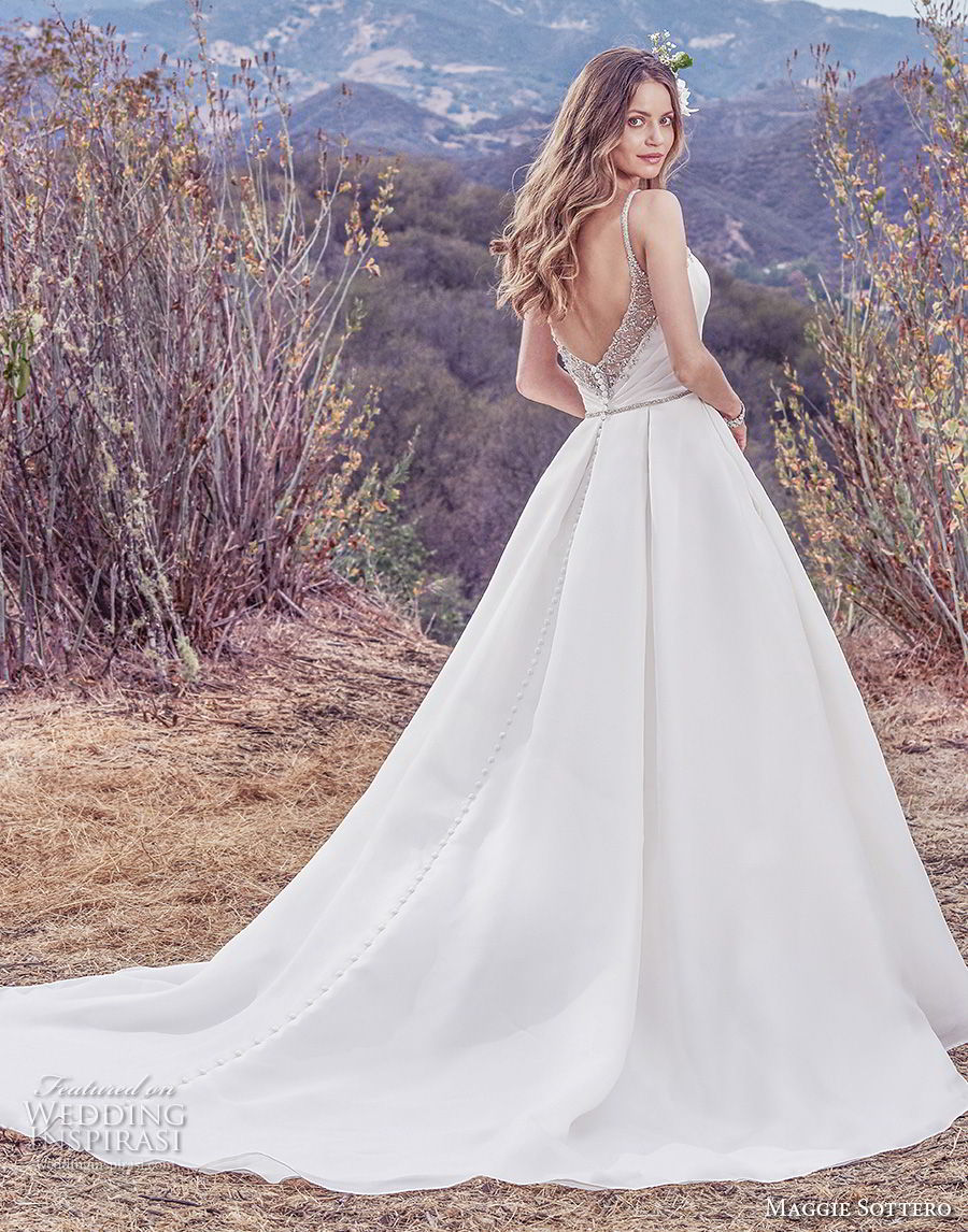 maggie sottero fall 2017 bridal sleeveless thin strap sweetheart necklin ruched wrap over bodice classic elegant simple a  line wedding dress with pockets open v back chapel train (937) bv