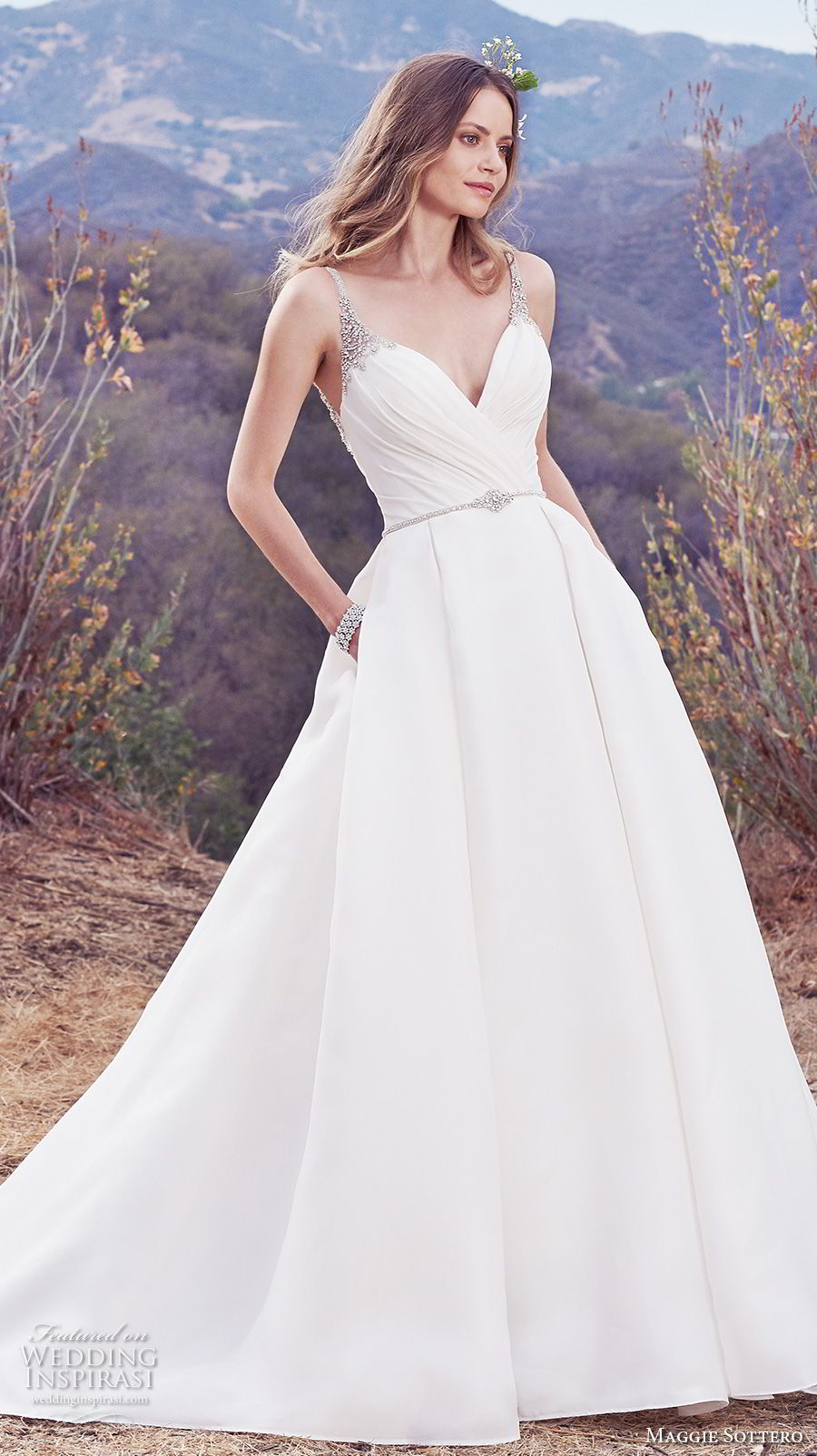 maggie sottero fall 2017 bridal sleeveless thin strap sweetheart necklin ruched wrap over bodice classic elegant simple a  line wedding dress with pockets open v back chapel train (937) mv