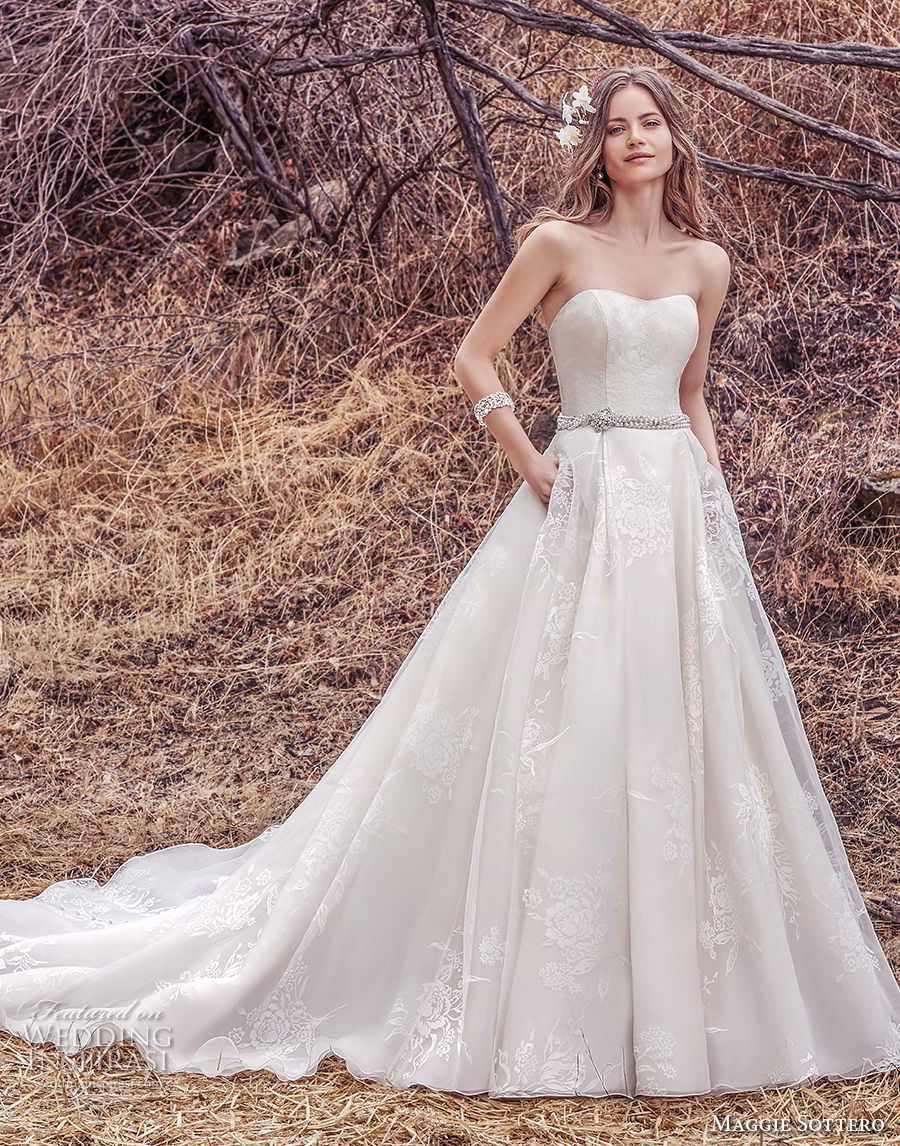 maggie sottero fall 2017 bridal strapless semi sweetheart neckline light embellishment romantic classic a  line wedding dress with pockets chapel train (921) mv