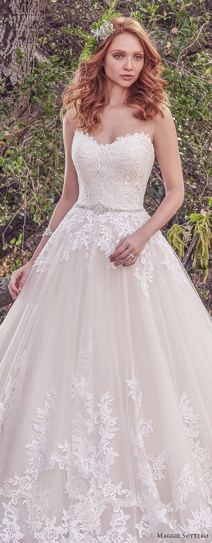 maggie sottero fall 2017 bridal strapless sweetheart neckline heavily embellished bodice romantic blush color a  line wedding dress chapel train (933) lv