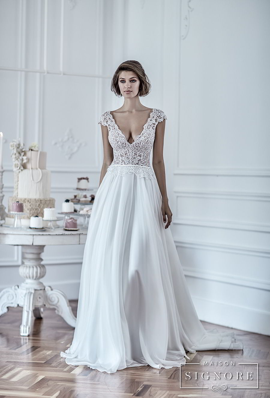 maison signore 2018 bridal cap sleeves deep v neck heavily embellished romantic sexy pastel blue soft a  line wedding dress chapel train (duchessa) mv fv