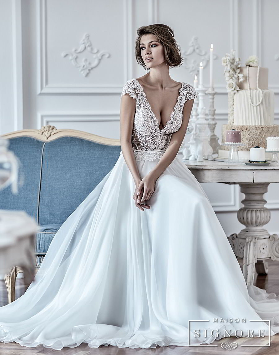 maison signore 2017 bridal cap sleeves deep v neck heavily embellished romantic sexy pastel blue soft a  line wedding dress chapel train (duchessa) mv