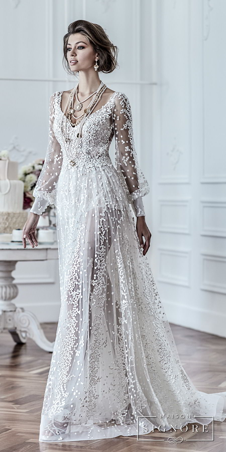 maison signore 2018 bridal long sleeves v neck full embellishment elegant a  line wedding dress open back sweep train (drusilla) mv fv 
