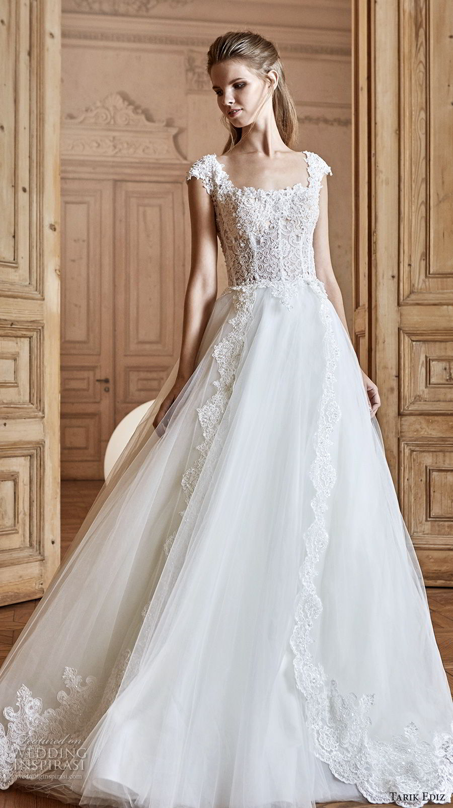 tarik ediz 2017 bridal cap sleeves square neckline heavily embellished bodice romantic a  line wedding dress (29) mv