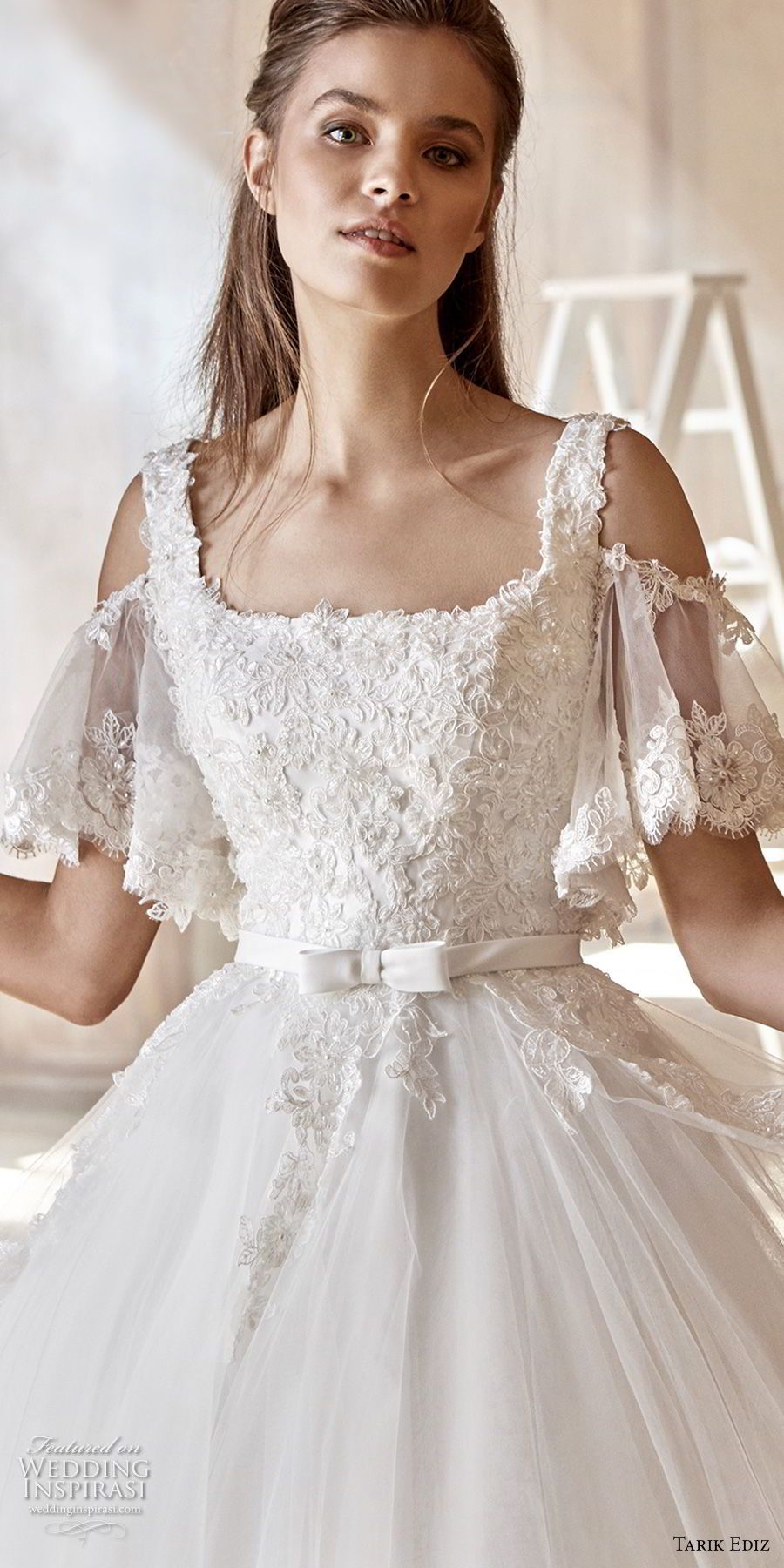 tarik ediz 2017 bridal cold shoulder with strap square neckline heavily embellished bodice romantic a  line wedding dress (18) zv